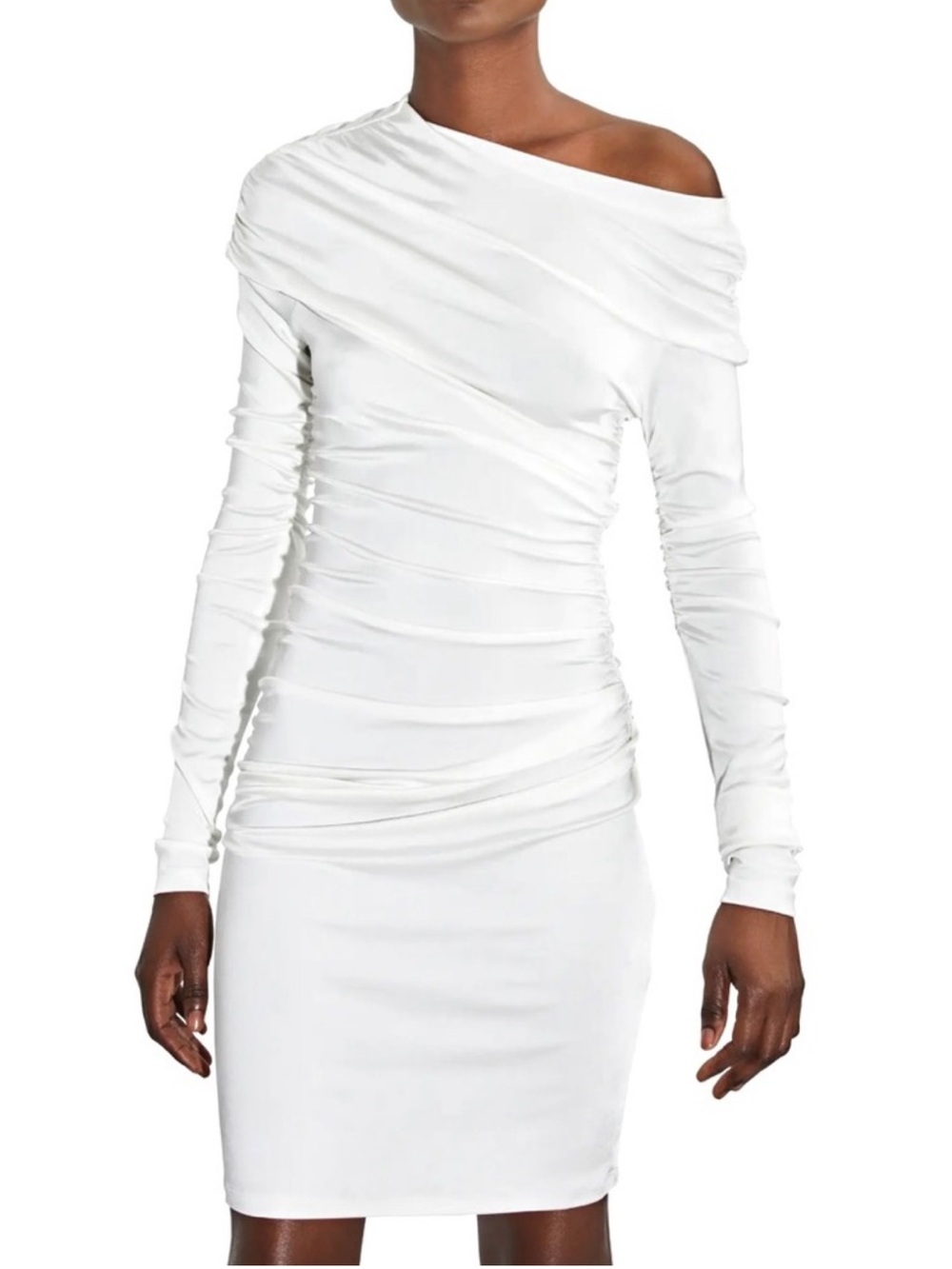 ET OCHS WHITE OFF-SHOULDER RUCHED MINI DRESS